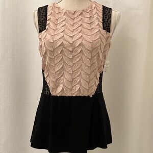 Boutique pink & gold feathered tank top w/ black polkadot lace detail, size S-M